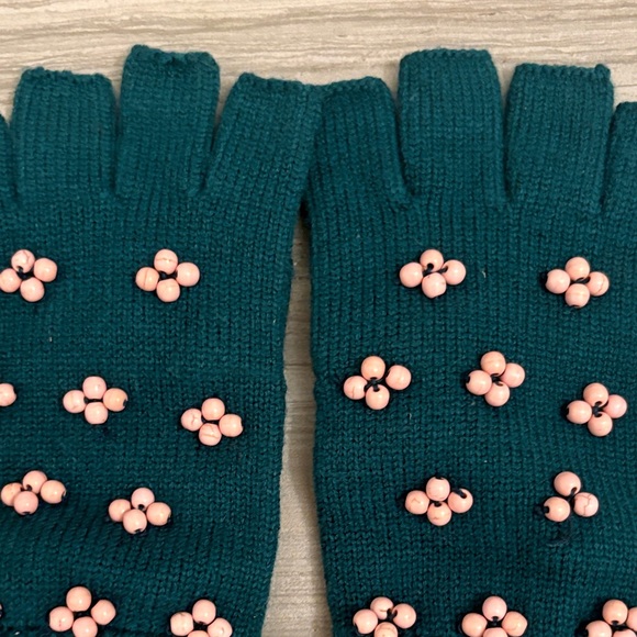 Lele Sadoughi Teal Knit Fingerless Gloves with Pink Accents - Picture 9 of 9